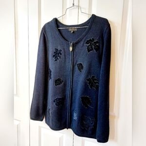 Velvet‎ Autumn Leaves Black Zip Cardigan Sweater Large Cinnamon Cinder